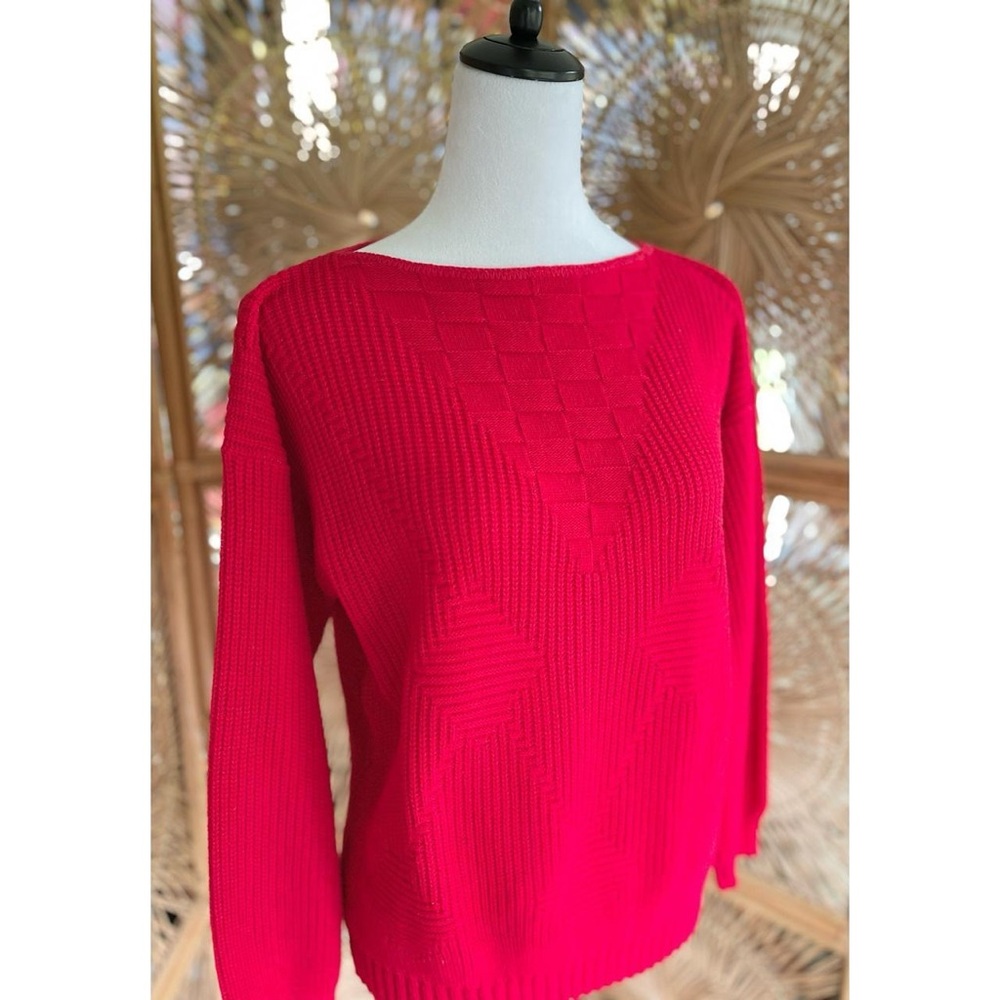 Vintage Kenneth Too Red Geometric Knit Boat Neck Sweater